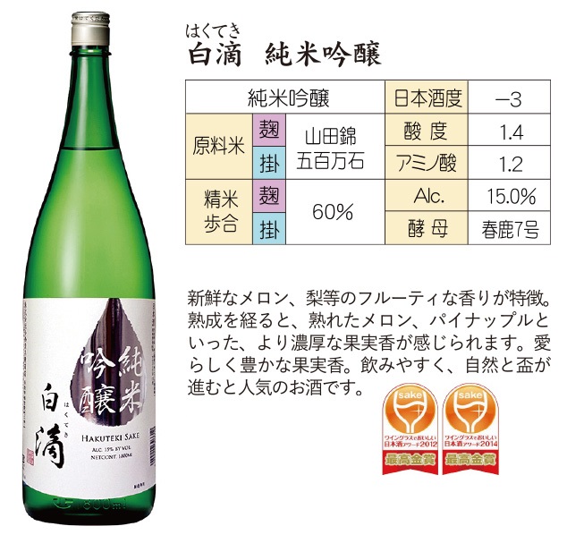 奈良県：今西清兵衛商店謹製　白滴（はくてき）純米吟醸　1800ml瓶